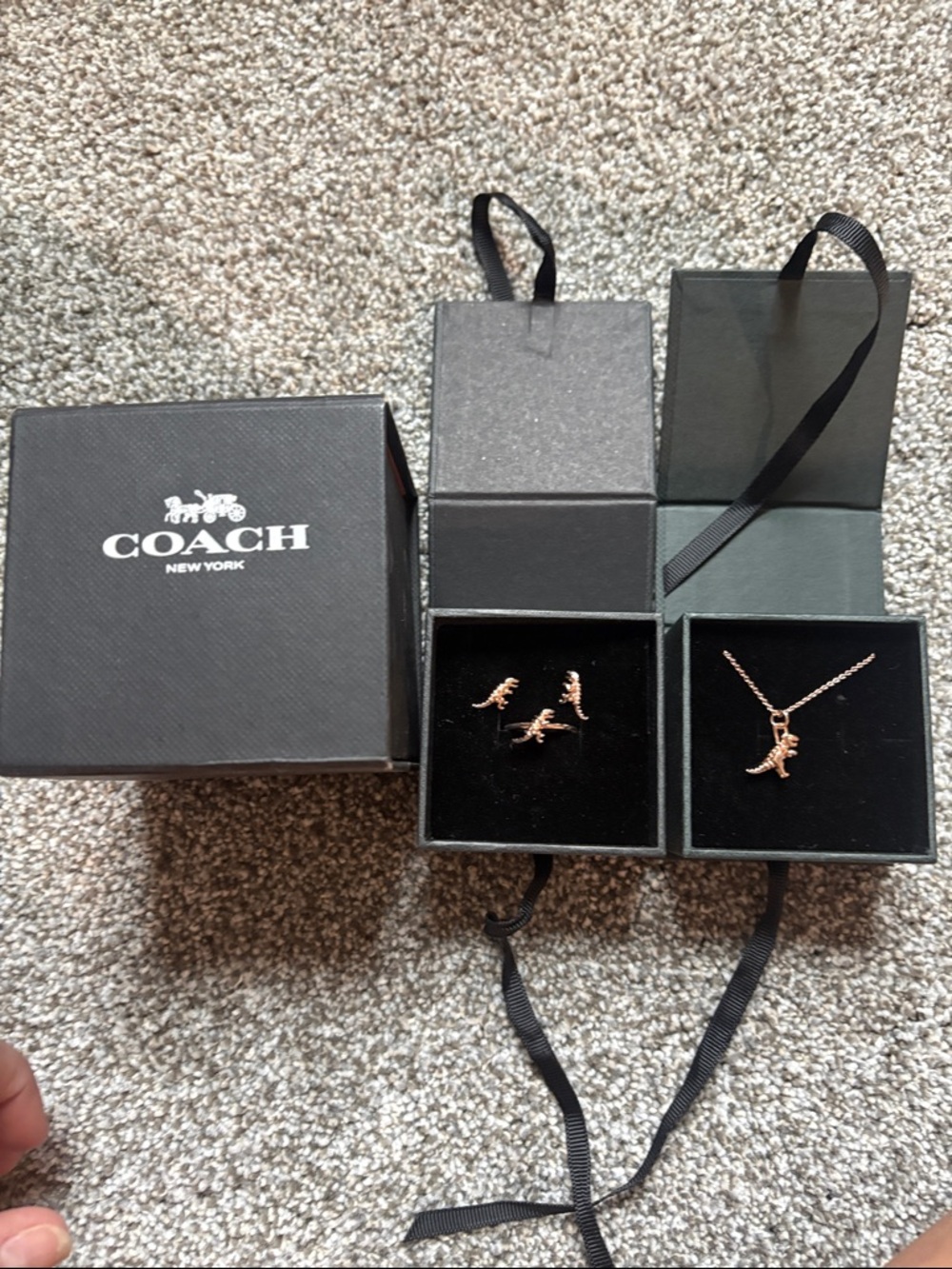 Coach Rose Gold Dino Charm Necklace with Matching Studs